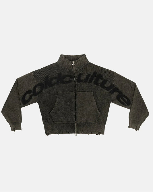 DISTRESS CURVED ZIP KNIT